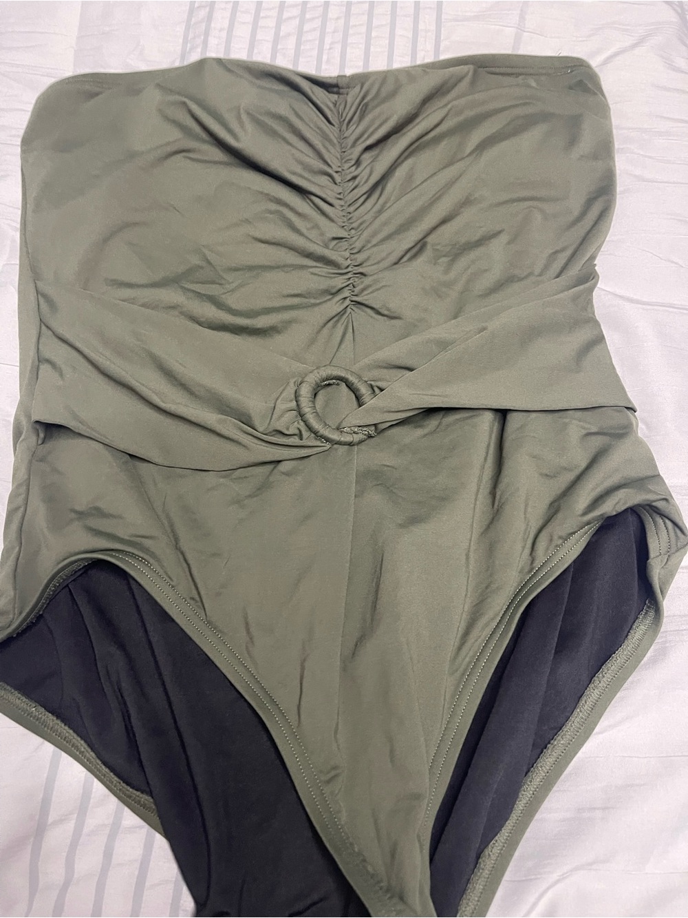 Micheal Kors Olive One-Piece Strapless Swimsuit with Ring Detail